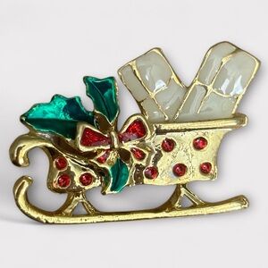 Vintage Christmas Sleigh Brooch with Holly and Presents
